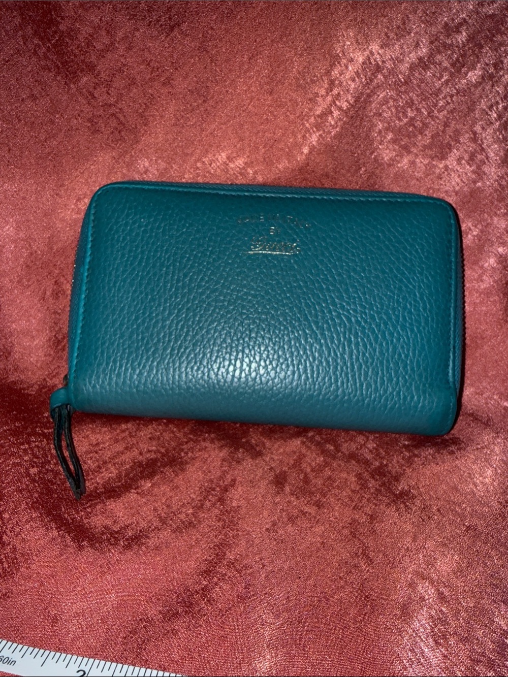 Gucci Teal Pebbled Leather Swing Wallet with Gold Logo